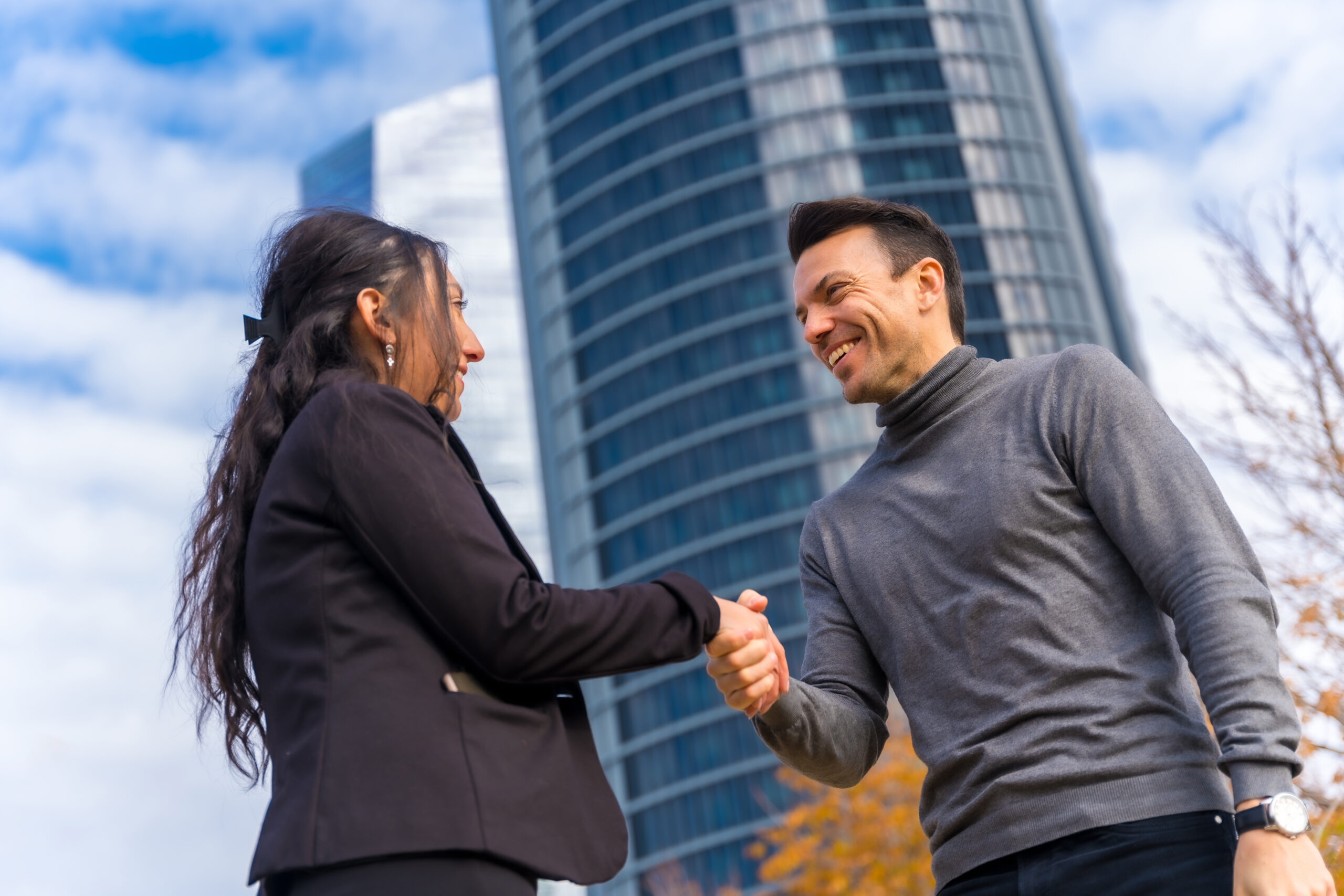 multi ethnic businessman and businesswoman, greeting by shaking hands and smiling